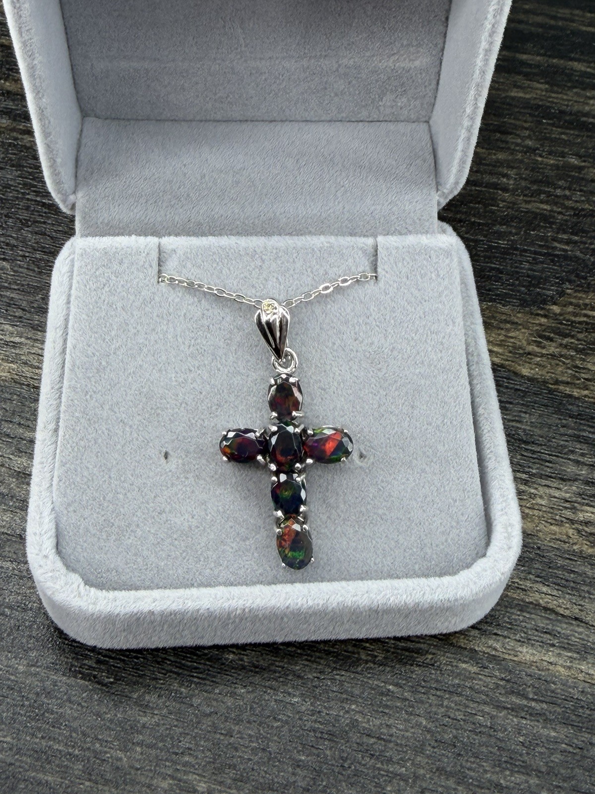 Stunning Natural Rainbow Black Opal Cross 3CT Pendant Necklace 925 Sterling