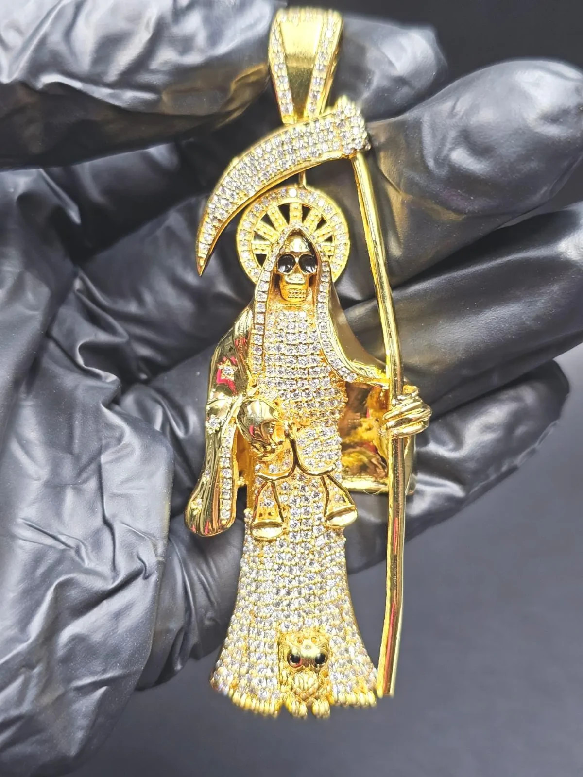 3Ct Round Cut Moissanite Grim Reaper Santa Muerte Pendant 14K Yellow Gold Plated