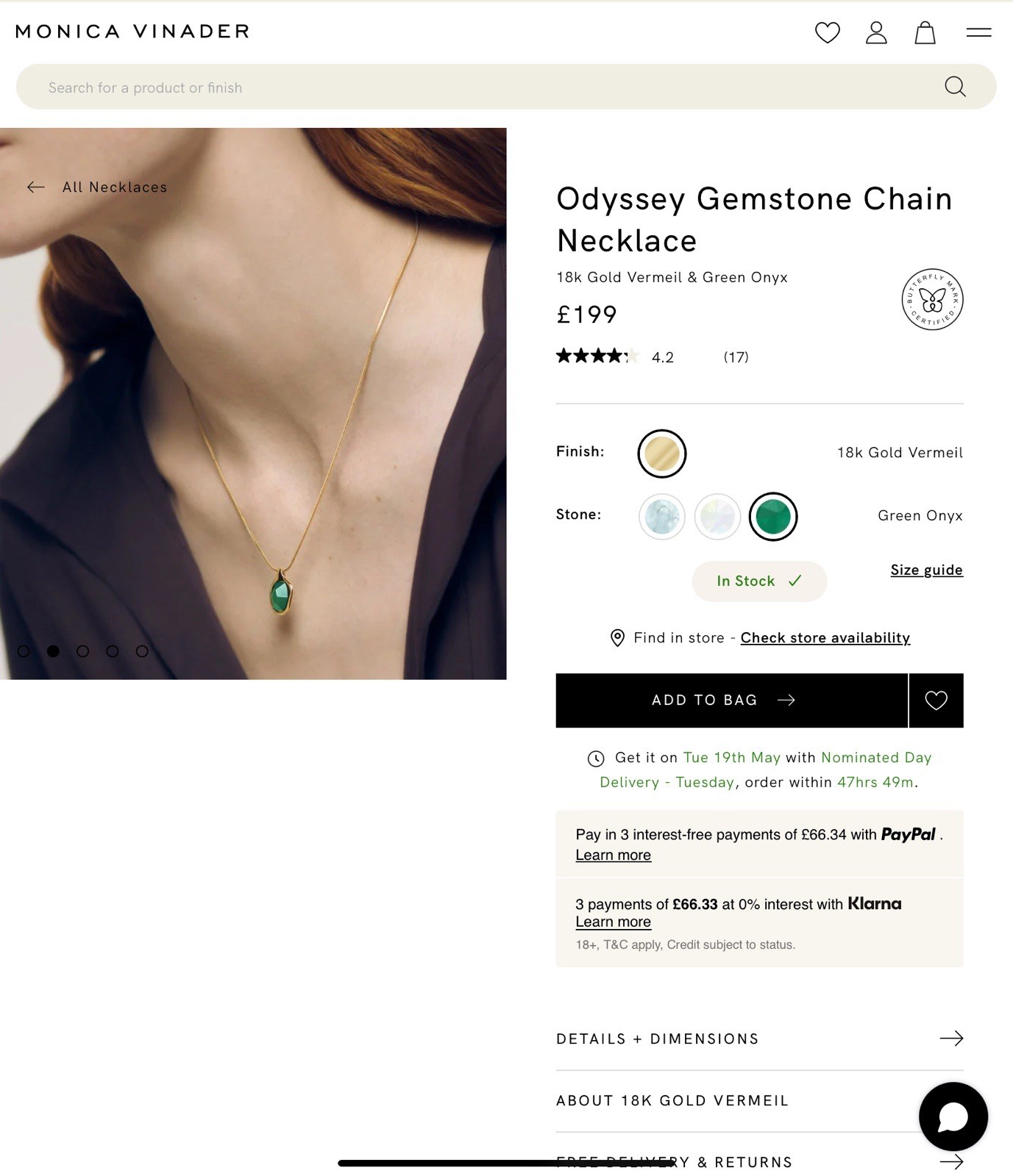 Monica Vinader Odyssey Gemstone Chain Necklace 18k Gold Vermeil & Green Onyx