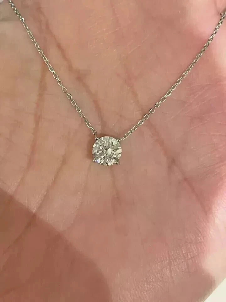 1.00Ct Round Cut Moissanite Solitaire Pendant Free Chain 14K White Gold Finish