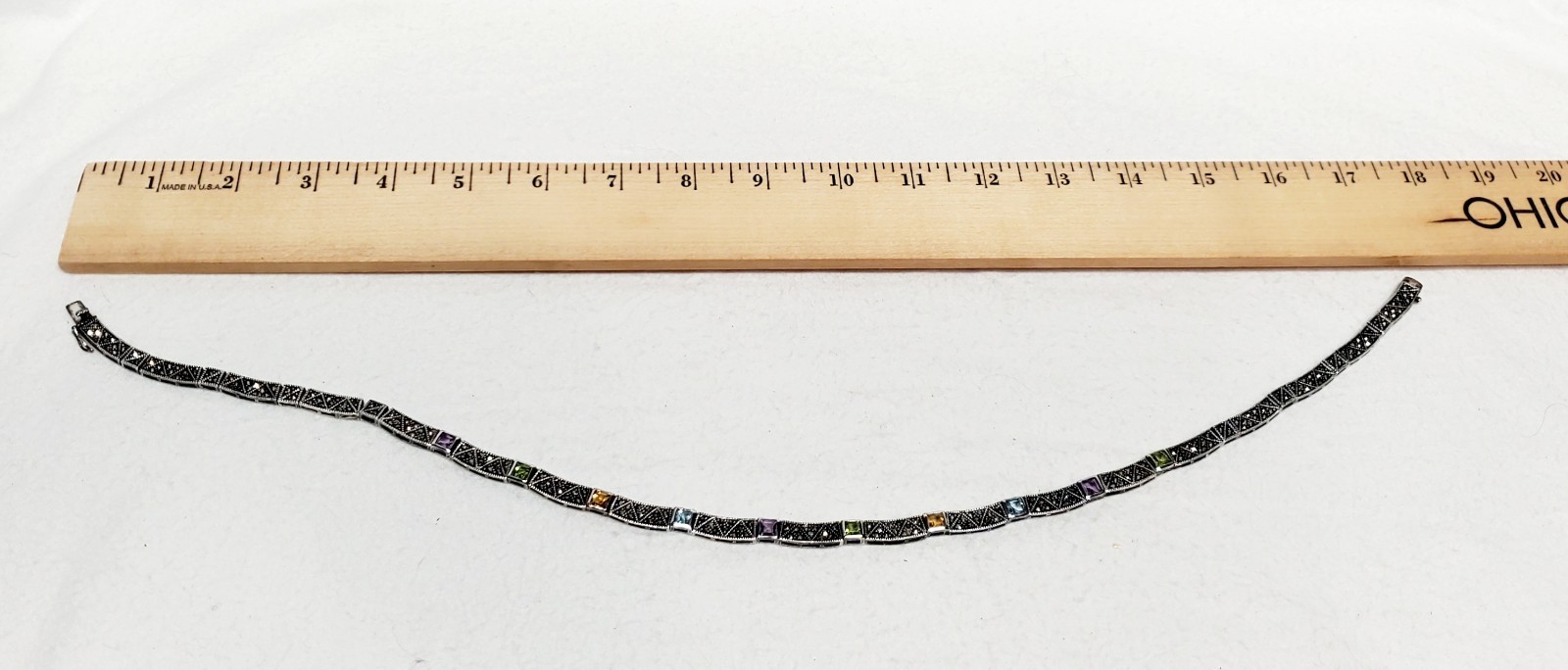 Art Deco Style Sterling Silver 925 Marcasite & Multi Gemstone Necklace Estate