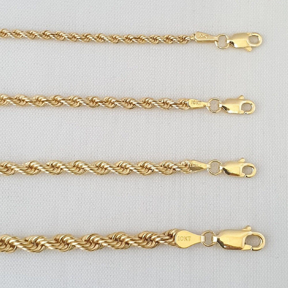 HOLLOW 10K Yellow Gold Men’s Women 2.2mm-3.8mm ROPE Chain Necklaces, 16″-30″