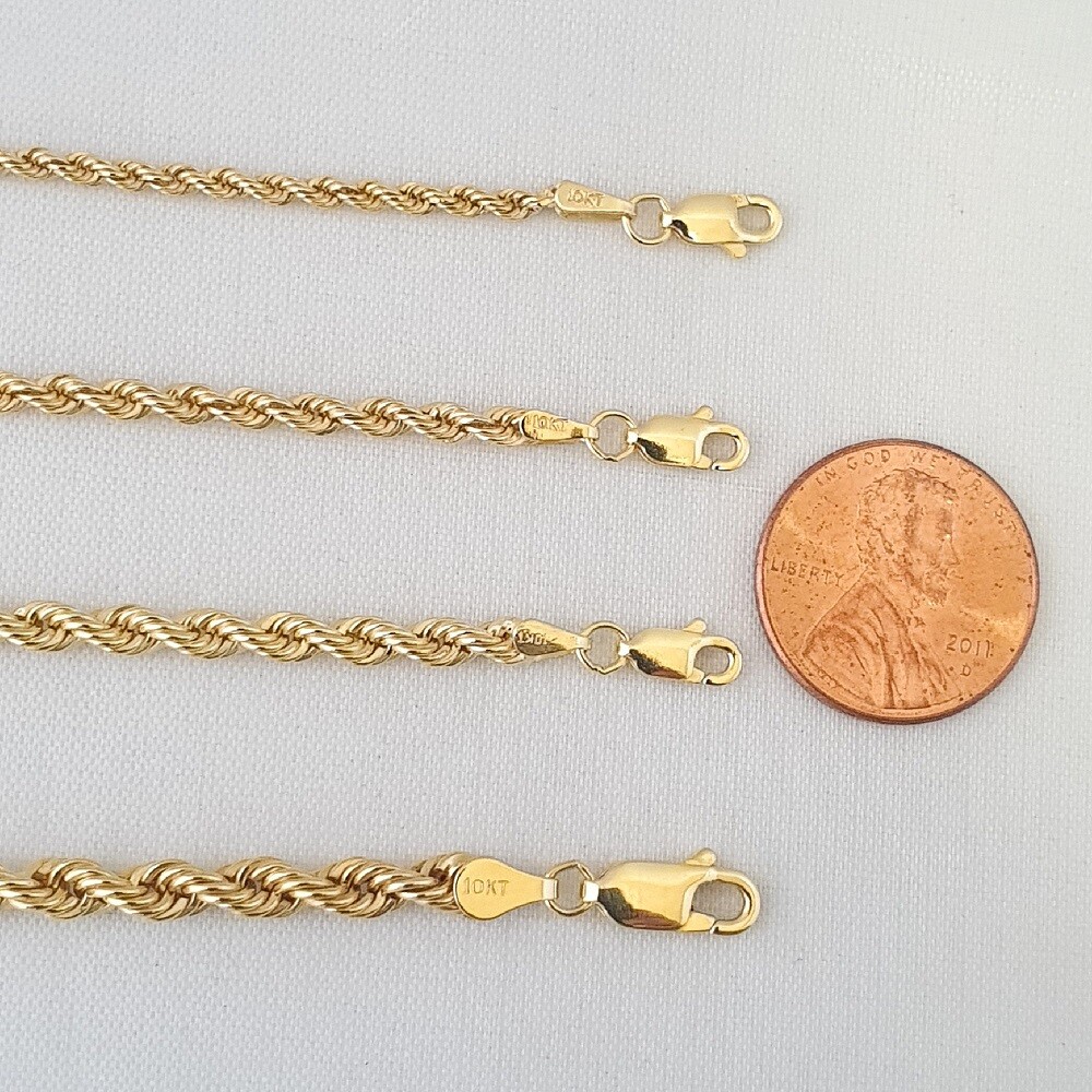 HOLLOW 10K Yellow Gold Men’s Women 2.2mm-3.8mm ROPE Chain Necklaces, 16″-30″