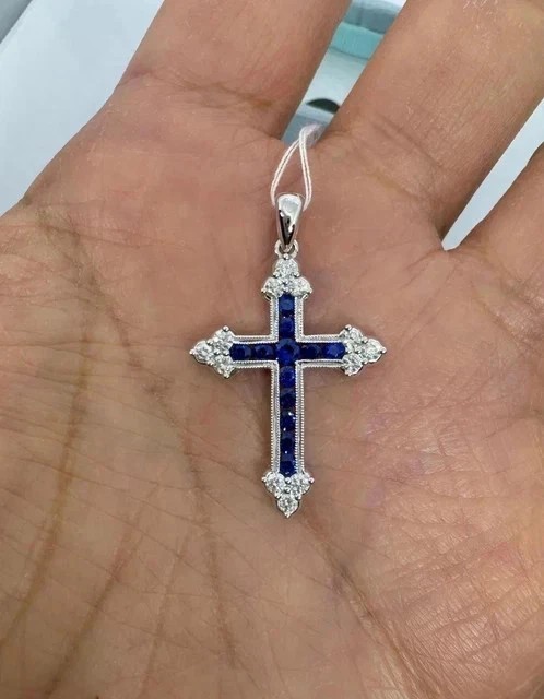 2Ct Round Cut Lab-Created Sapphire Women’s Cross Pendant 14K White Gold Plated