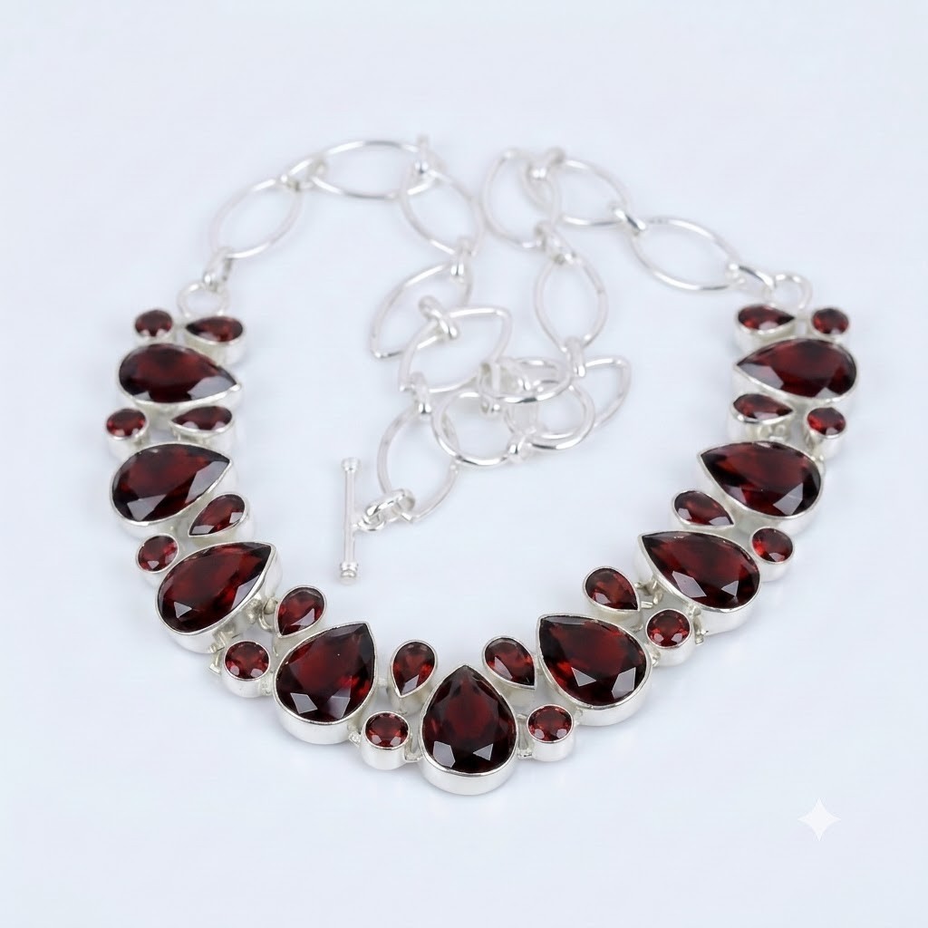 Red Garnet Gemstone Handmade 925 Sterling Silver Jewelry Necklace Size-18″