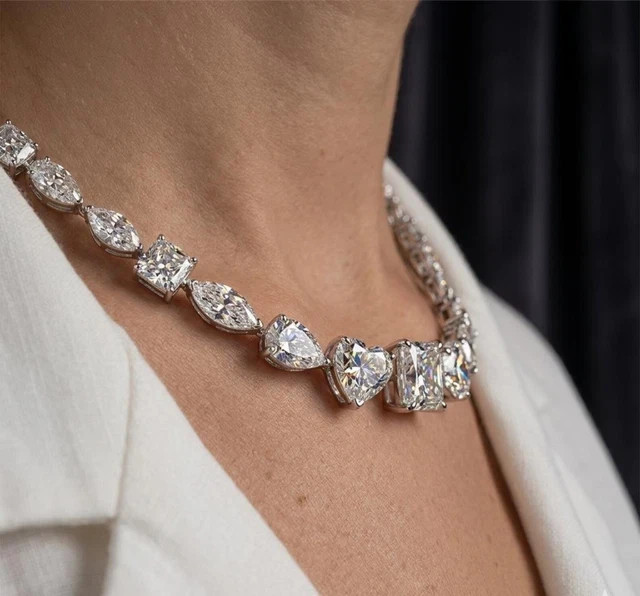 15CT Multi Cut Tennis Necklace Real Moissani 14K White Gold Plated Silver