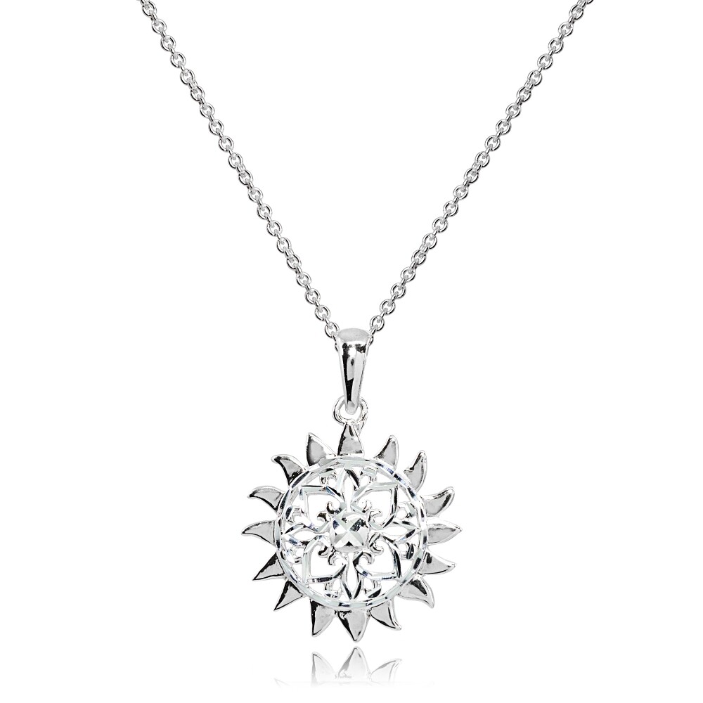 Sun Celestial Filigree Polished Sterling Silver Pendant Necklace