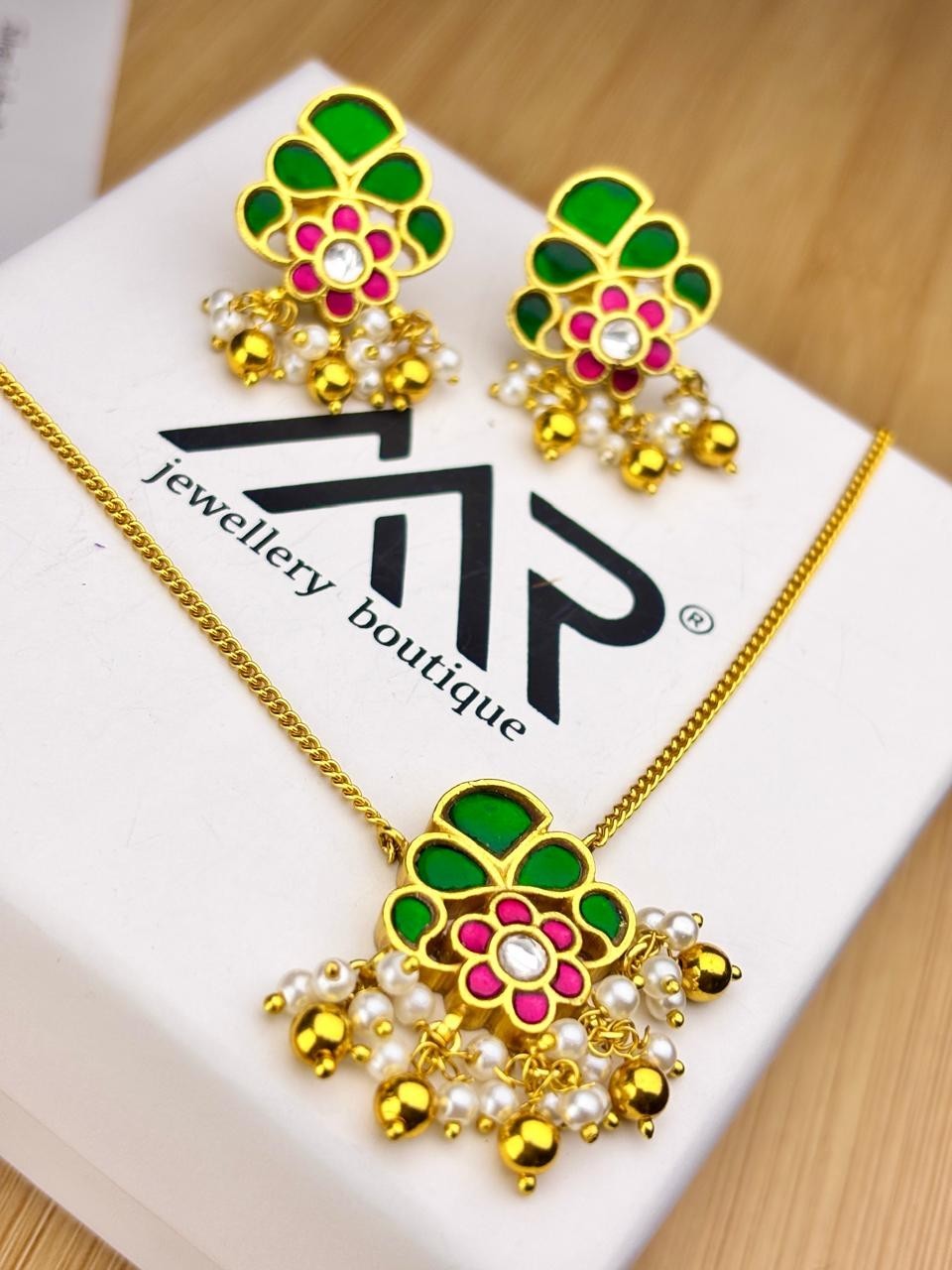 925 Silver Green Pink Floral Pendant Set Gold Plated Pearl Jewelry For Women
