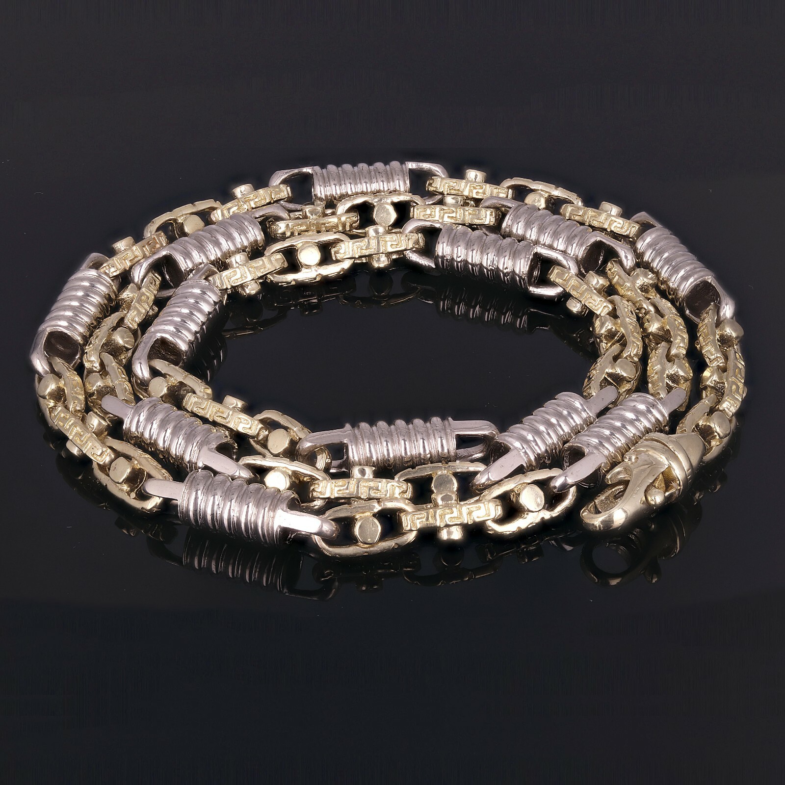 10k Yellow & White Gold Handmade Spring & Greek Link Necklace 22″ 7mm 71.5 grams