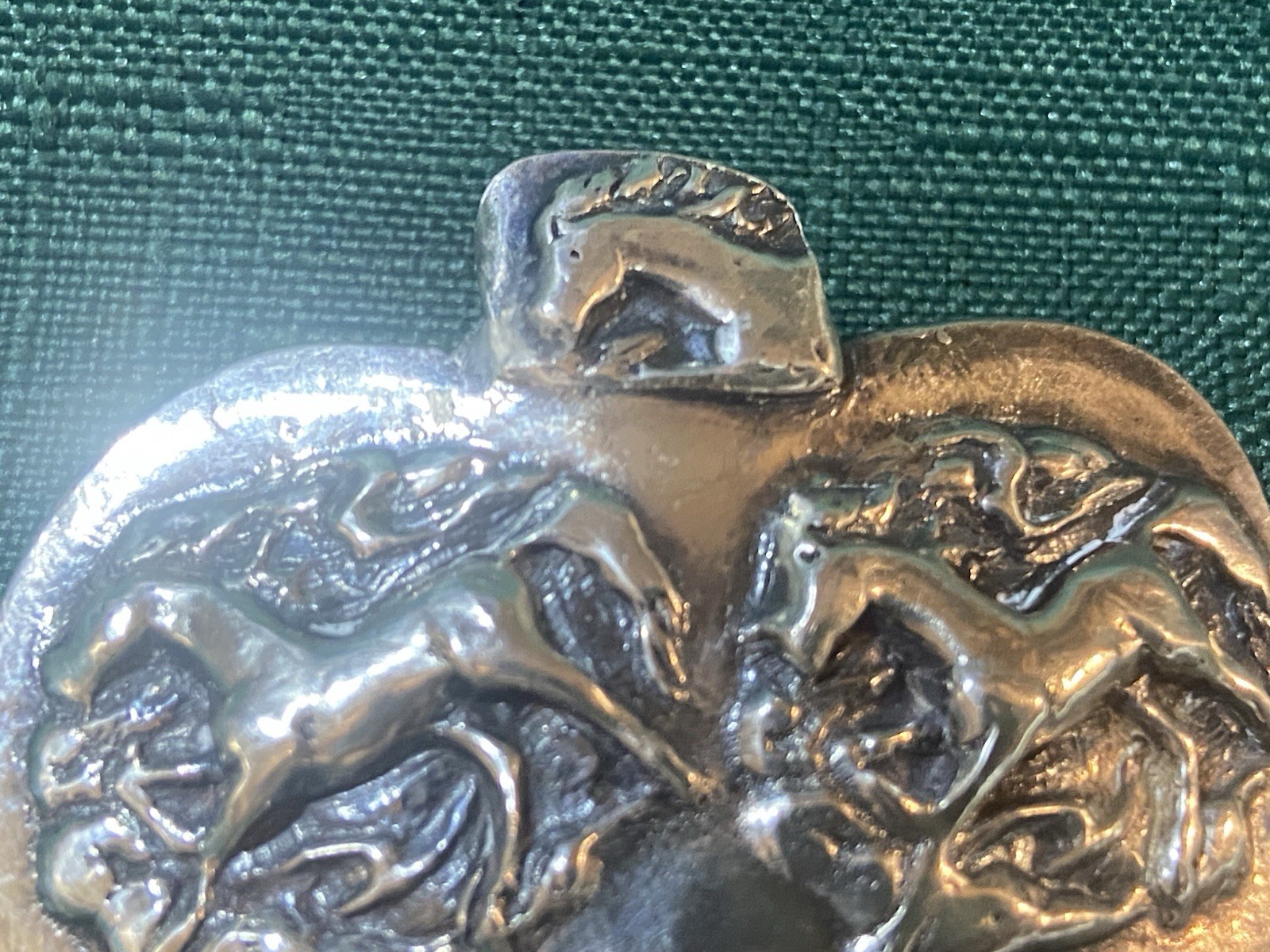 Vintage WILD HORSES Signed NB 999 Fine Silver PENDANT Unknown Artist HEART SHAPE