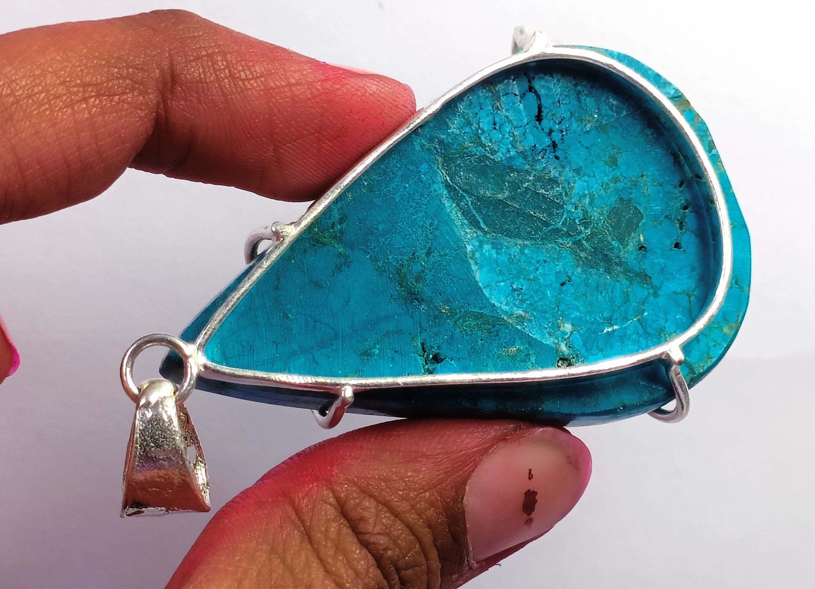 121 Ct Natural Blue Turquoise Pear Shape 925 Silver Pendant Free Chain 6AGJ