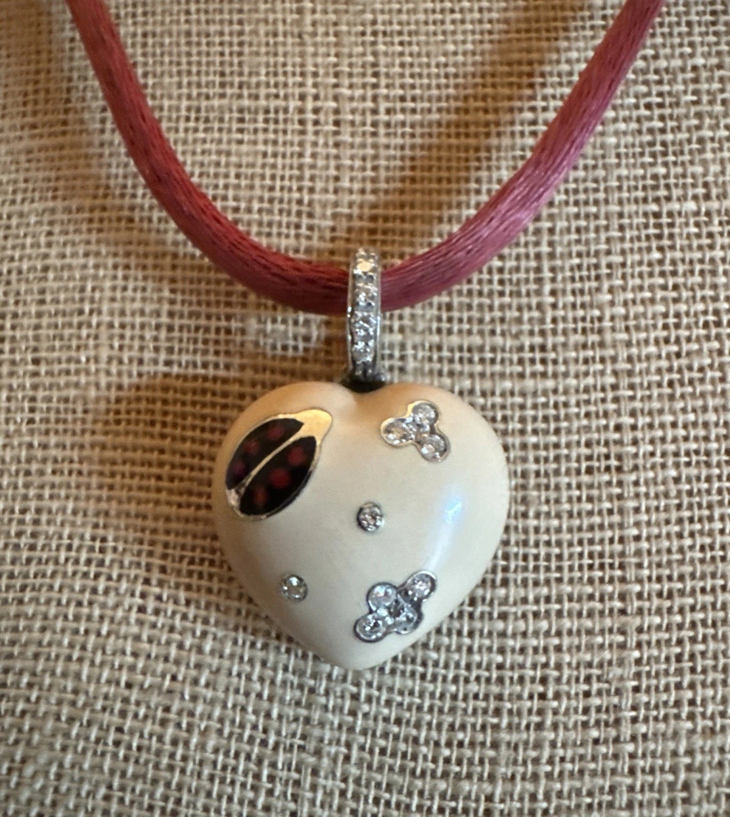 Aaron Basha 18K White Gold Puffy Pink Enamel Ladybug Diamond Heart Satin Cord
