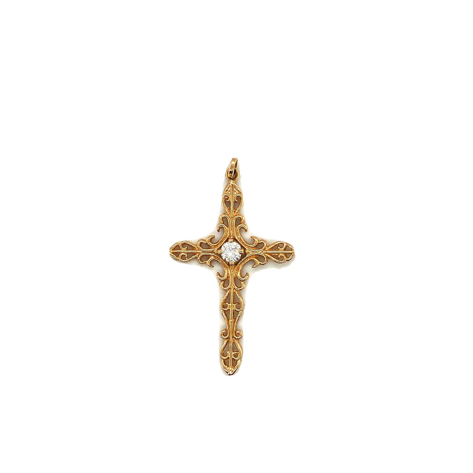 Vintage 14k Yellow Gold 0.25 Ct Diamond Open Swirl Cross Pendant Female / Male