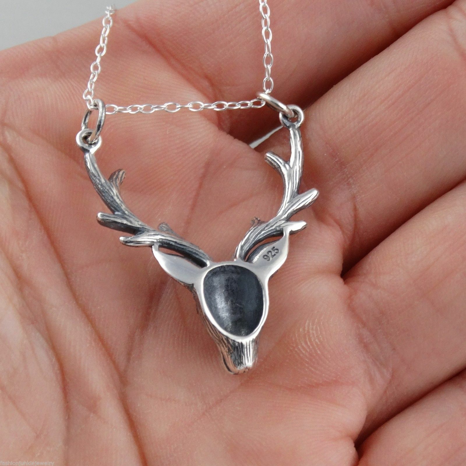 3D Stag Head Antler Necklace – 925 Sterling Silver – NEW Male Deer Elk Hunting
