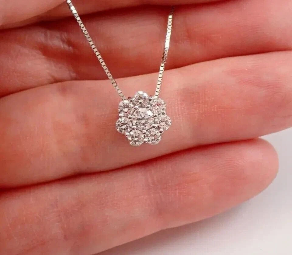 1.00 Ct Round Cut Moissanite Cluster Pendant Necklace in 14K White Gold Plated