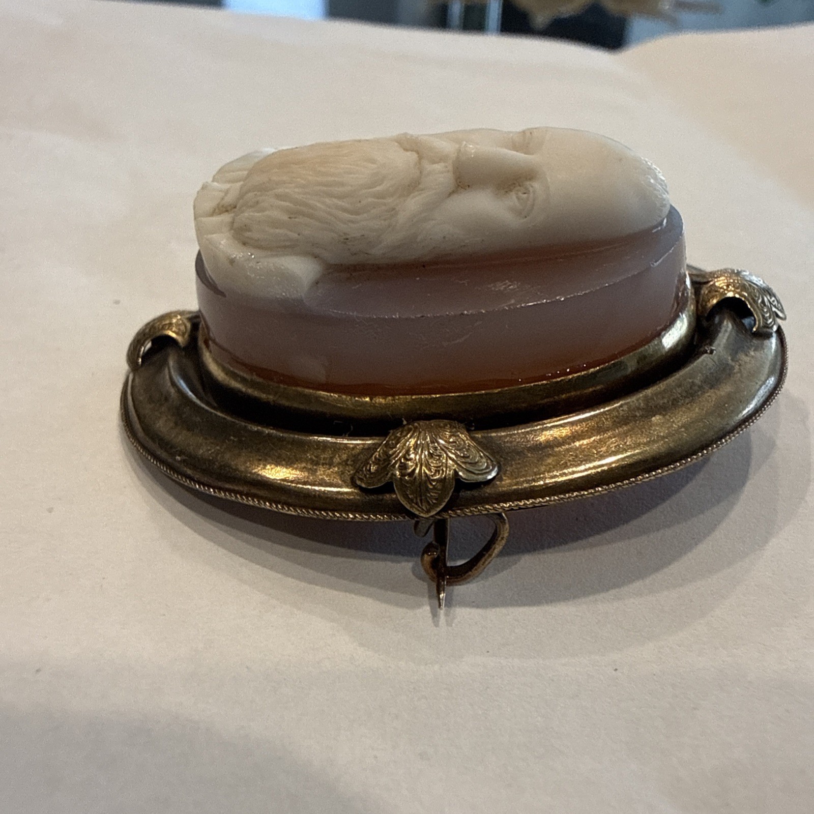 Antique 19thC Hardstone 3-Layer Sardonyx Agate Male Cameo Brooch Pendant Vermeil