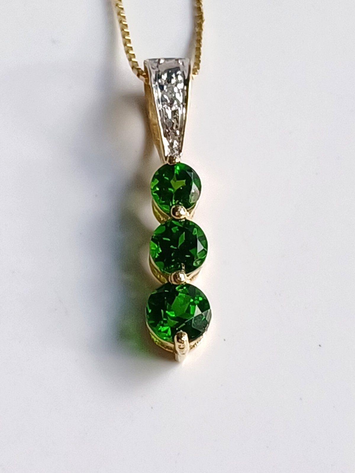 14k solid Gold Natural Chrome Diopside & Diamond Pendant Box Chain Necklace 1.90