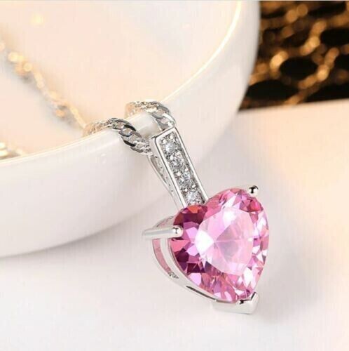 2Ct Heart Cut Lab-Created Pink Sapphire Solitaire Pendant 14K White Gold Plated