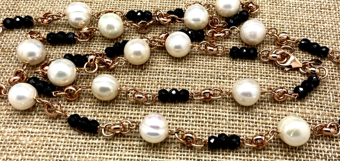HONORA WHITE PEARL & BLACK BEAD NECKLACE BRONZE MILOR ITALY NEW IN BOX