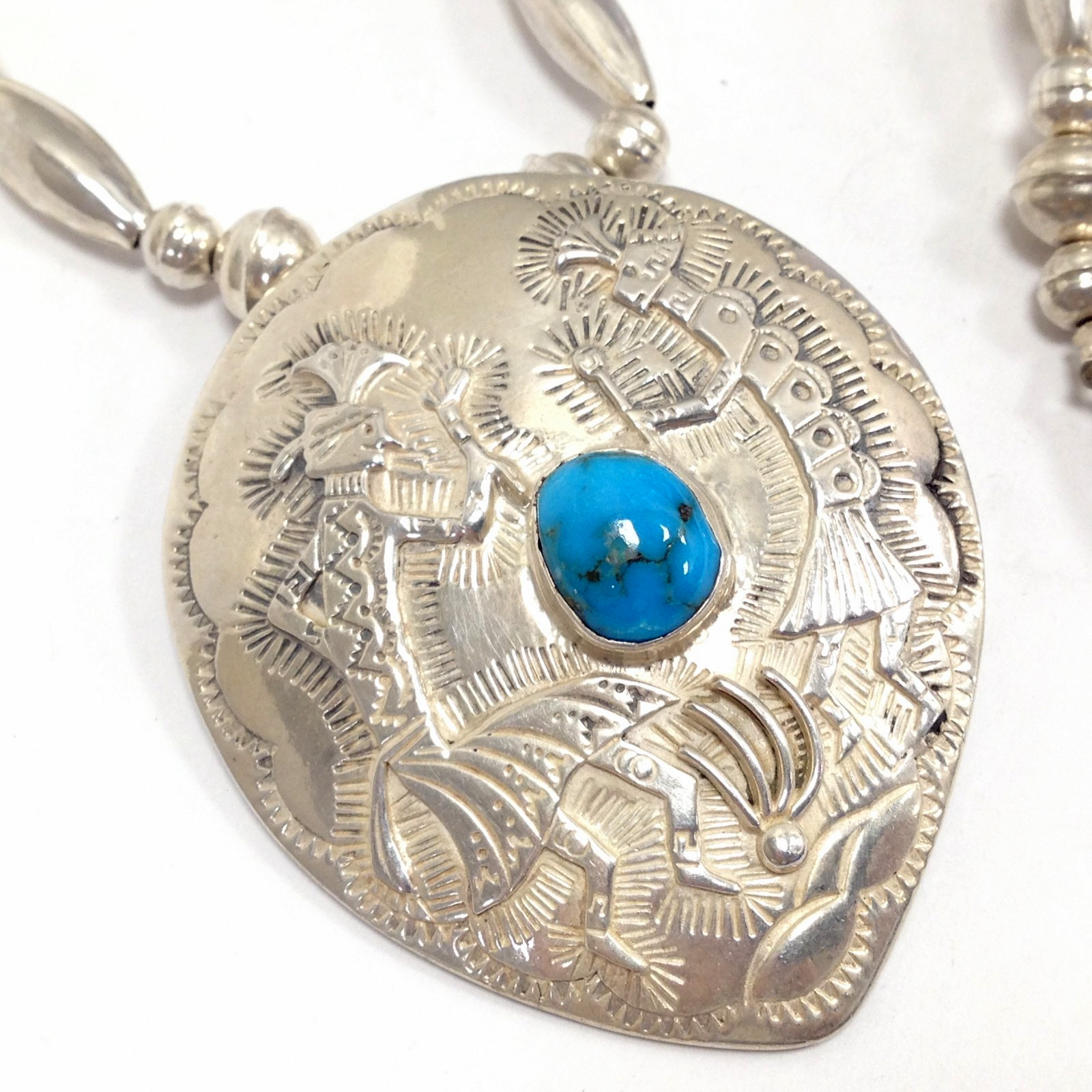 Sterling Silver Southwestern Kokopelli Shield Pendant Turquoise Necklace 23.5″