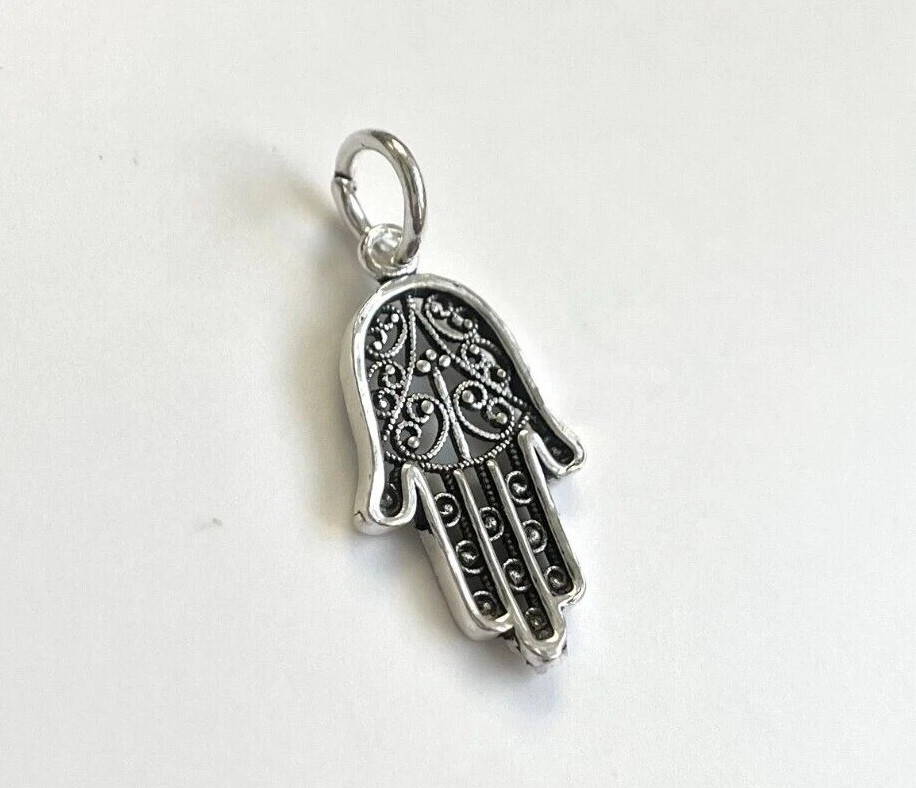 925 Sterling Silver Hamsa Hand of Fatima Oxidized Handmade Pendant Charm Amulet