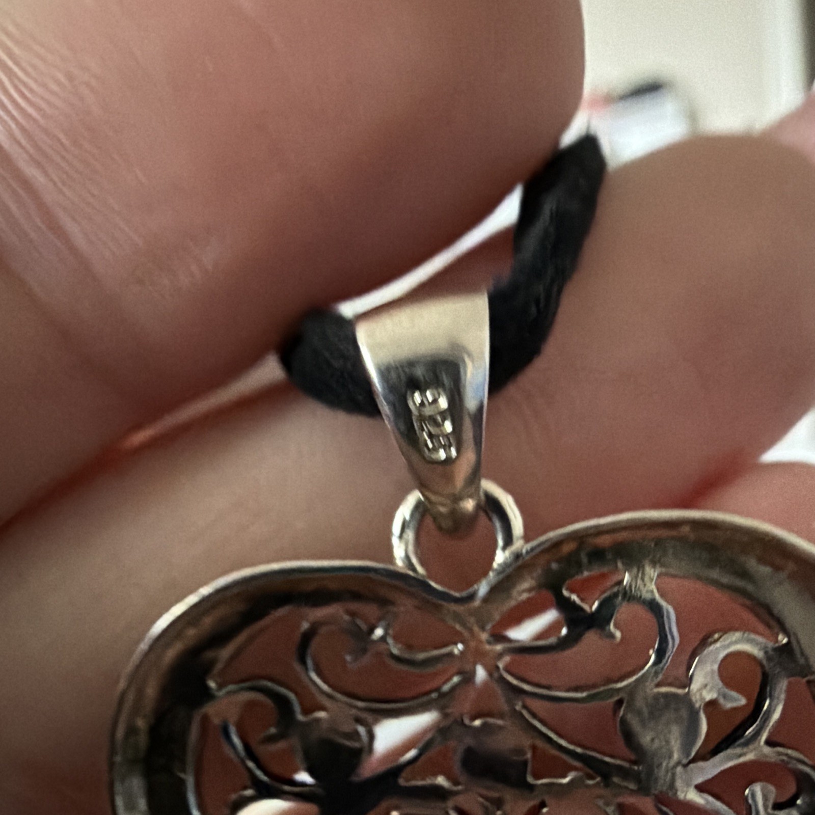 Sterling Silver 925 Heart Filigree Charm Pendant Necklace Black Cord Signed ATI