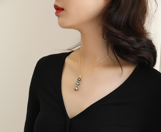 18″9-11MM PERFECT ROUND NATURAL TAHITIAN BLACK PEACOCK PEARL PENDANT NECKLACE