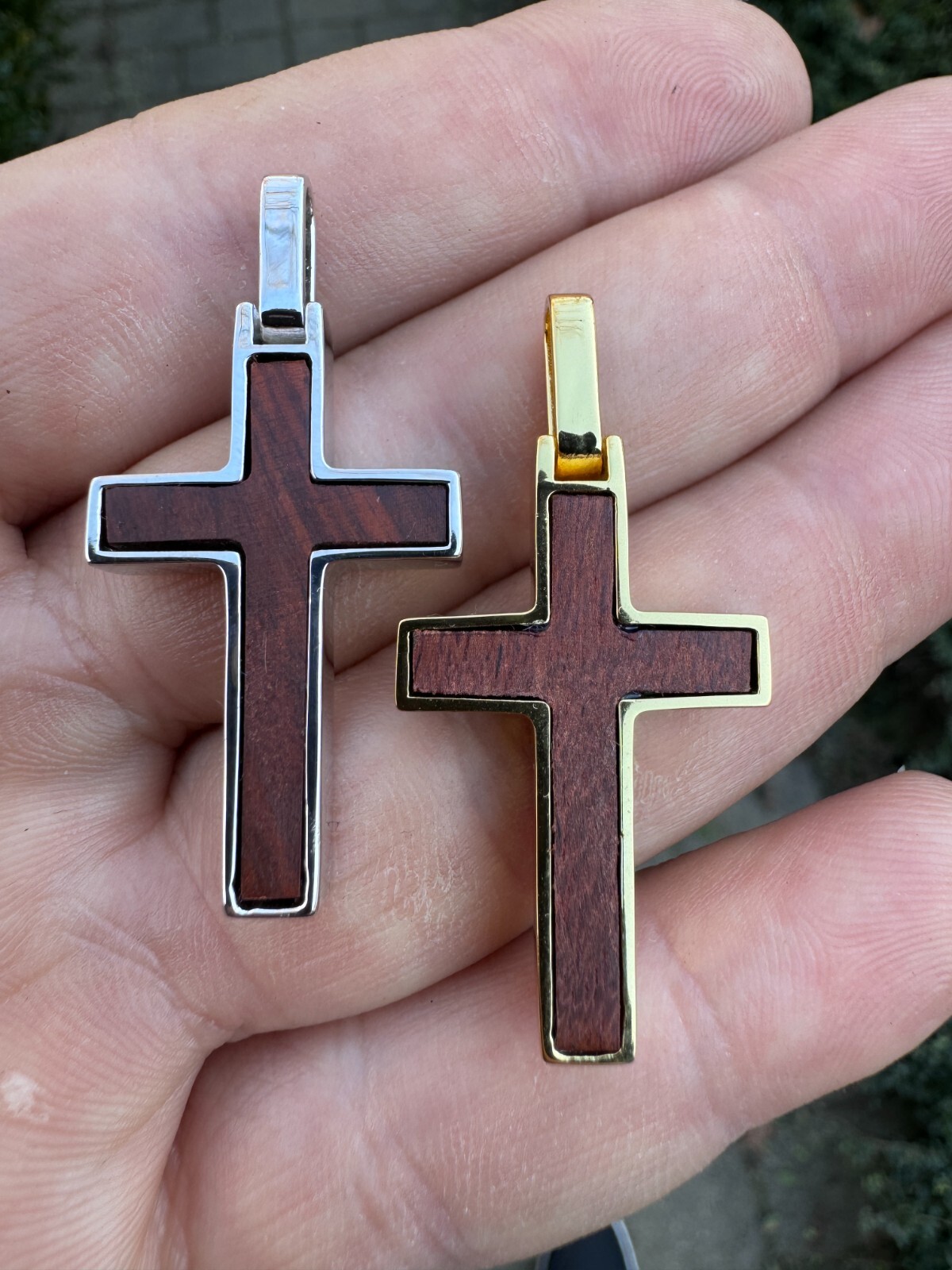 Real 925 Silver & Wood Inlay Plain Religious Cross Pendant Necklace Handmade