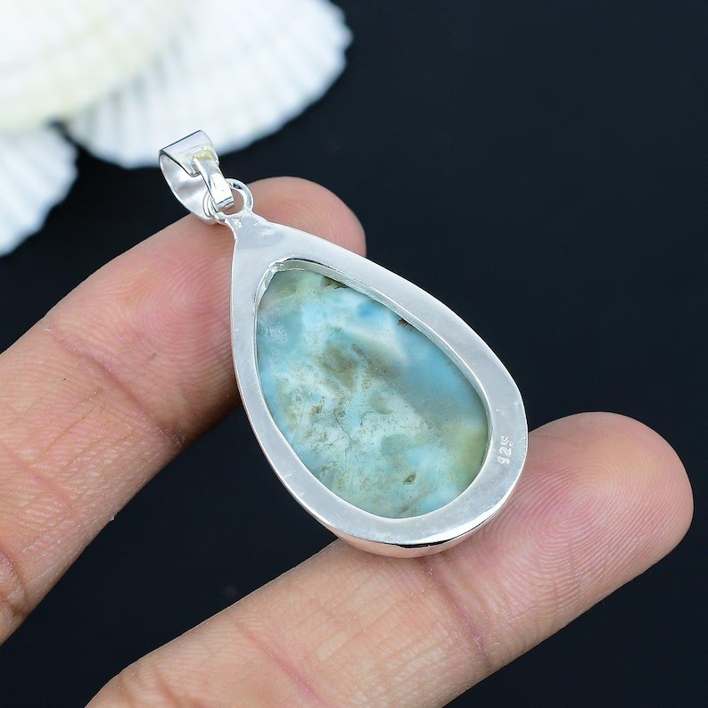 Natural Larimar Pear Gemstone Pendant 925 Sterling Silver Handmade Jewelry