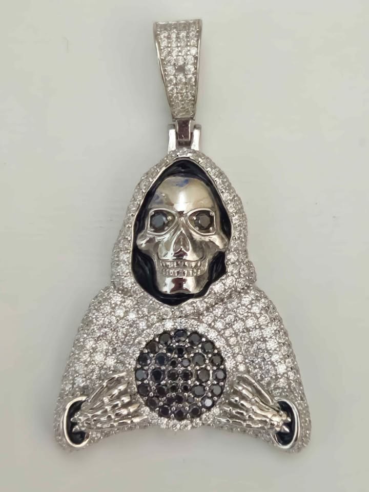 .925 Sterling Silver Moissanite Grim Reaper “Santa Muerte” Pendant