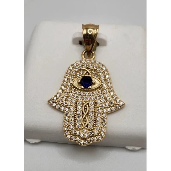 Evil Eye Hamsa Hand Pendant 2Ct Lab-Created Sapphire &Diamond 14K Yellow Gold FN