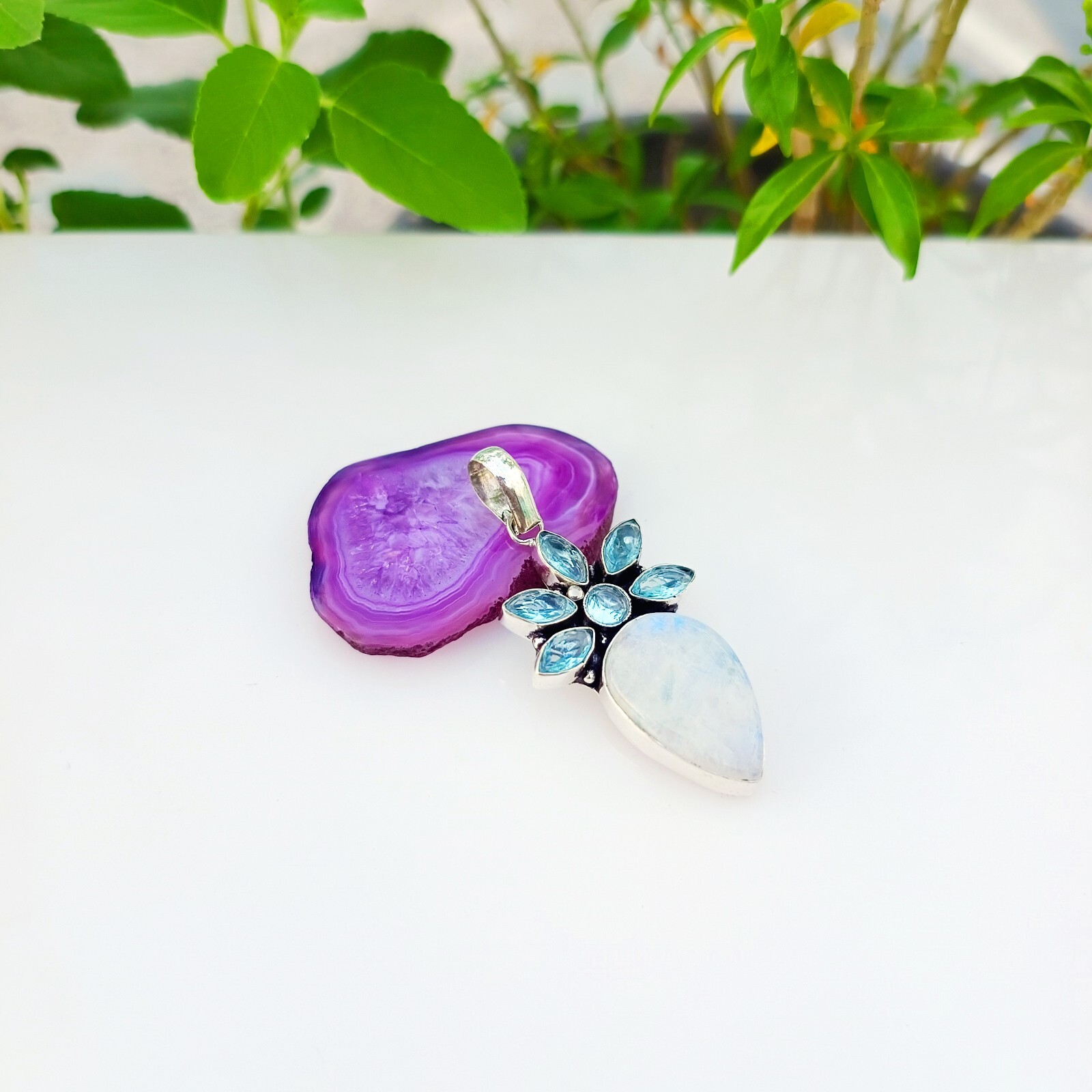 Moonstone Aquamarine Gemstone Pendant 925 Sterling Silver Handmade Jewelry 2.36″