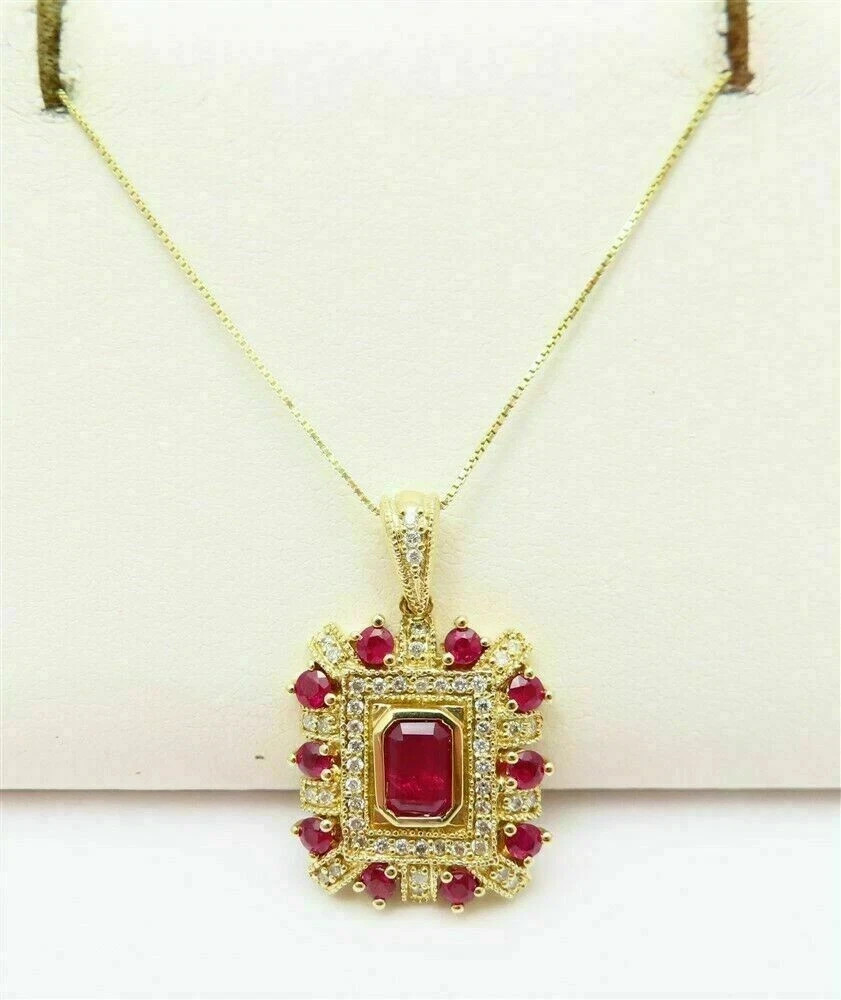 2.60 Ct Emerald Cut Red Ruby & Diamond Women’s Pendant In 14K Yellow Gold Finis