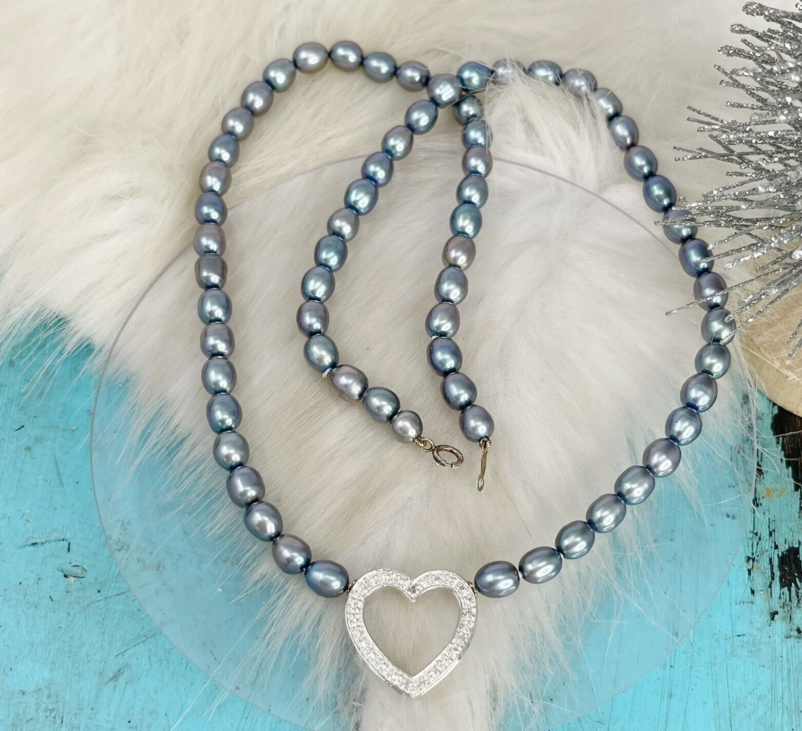 One Diamond Chip Freshwater Pearl Sterling Silver Heart Necklace Choker
