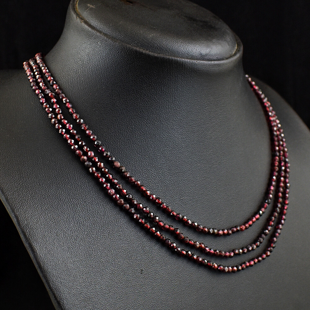 136 Cts Natural 3 Strand Red Garnet Round Shape Faceted Beads Necklace JK 45E382