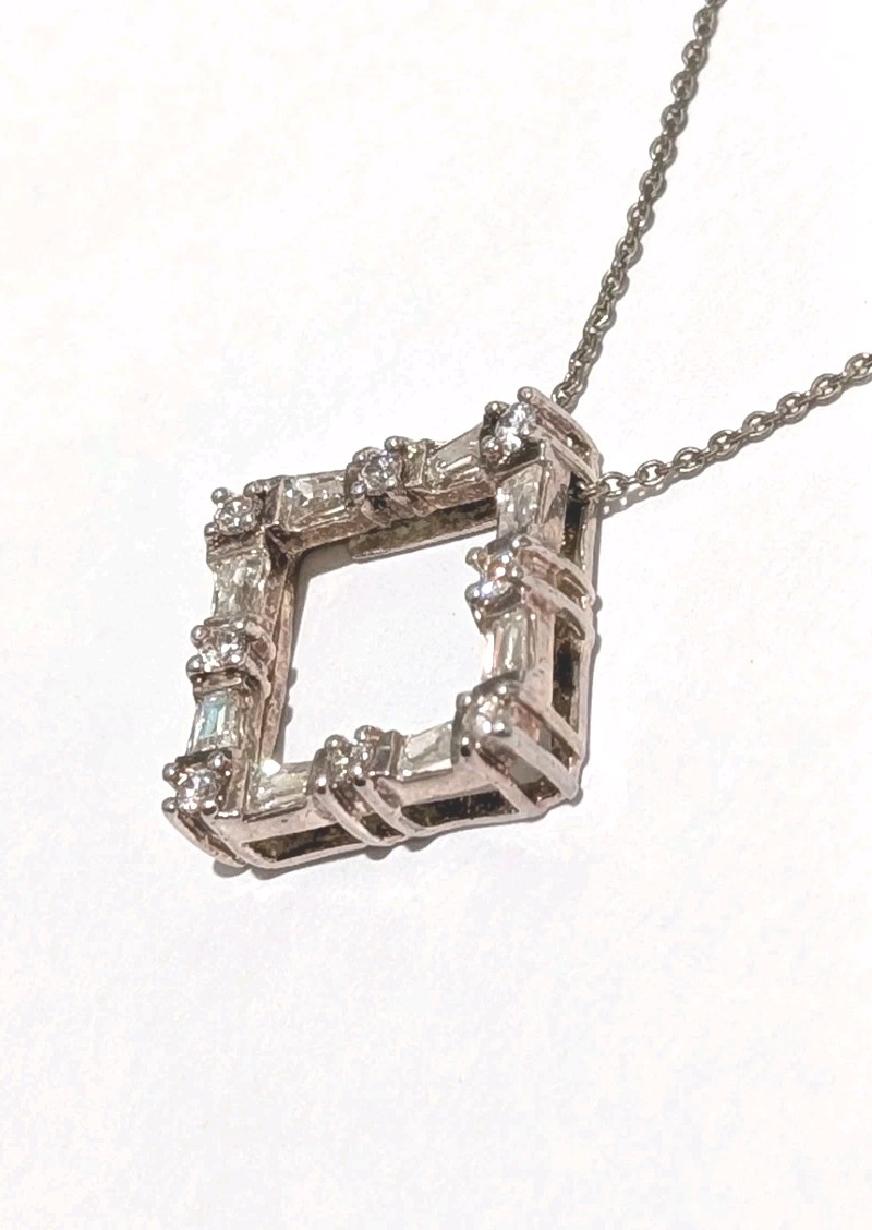 Designer Sterling Silver White Colorless Garnet Square 1″ Pendant 16.5″ Necklace