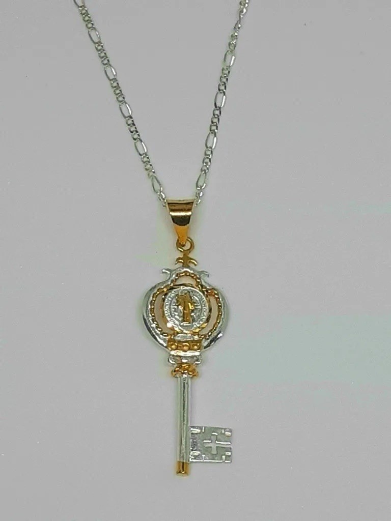 24k Gold Plated 925 Sterling Silver San Benito Saint Benedict Key Pendant Mexico