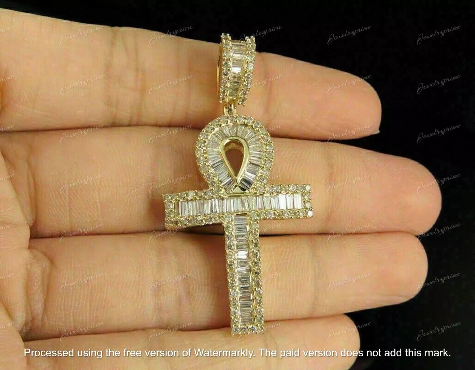 2.00 Ct Baguette Cut Lab Diamond Ankh Cross Pendant 14k Yellow Gold Plated