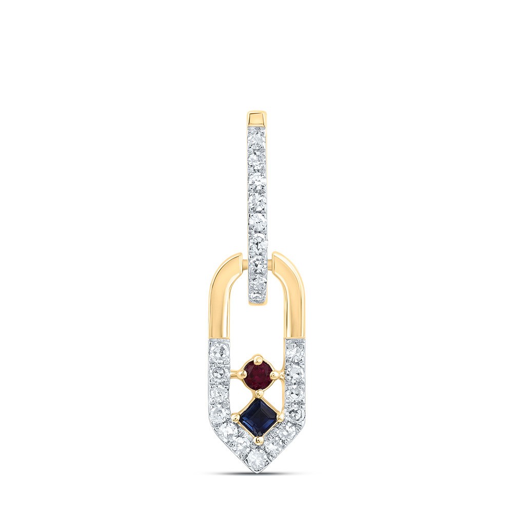 0.15 Ctw Natural Diamond Red Blue Paper Clip Pendant 14k Yellow Gold