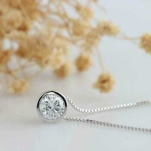 1Ct Round Cut Lab-Created Solitaire Diamond Bezel Pendant 14k White Gold Plated