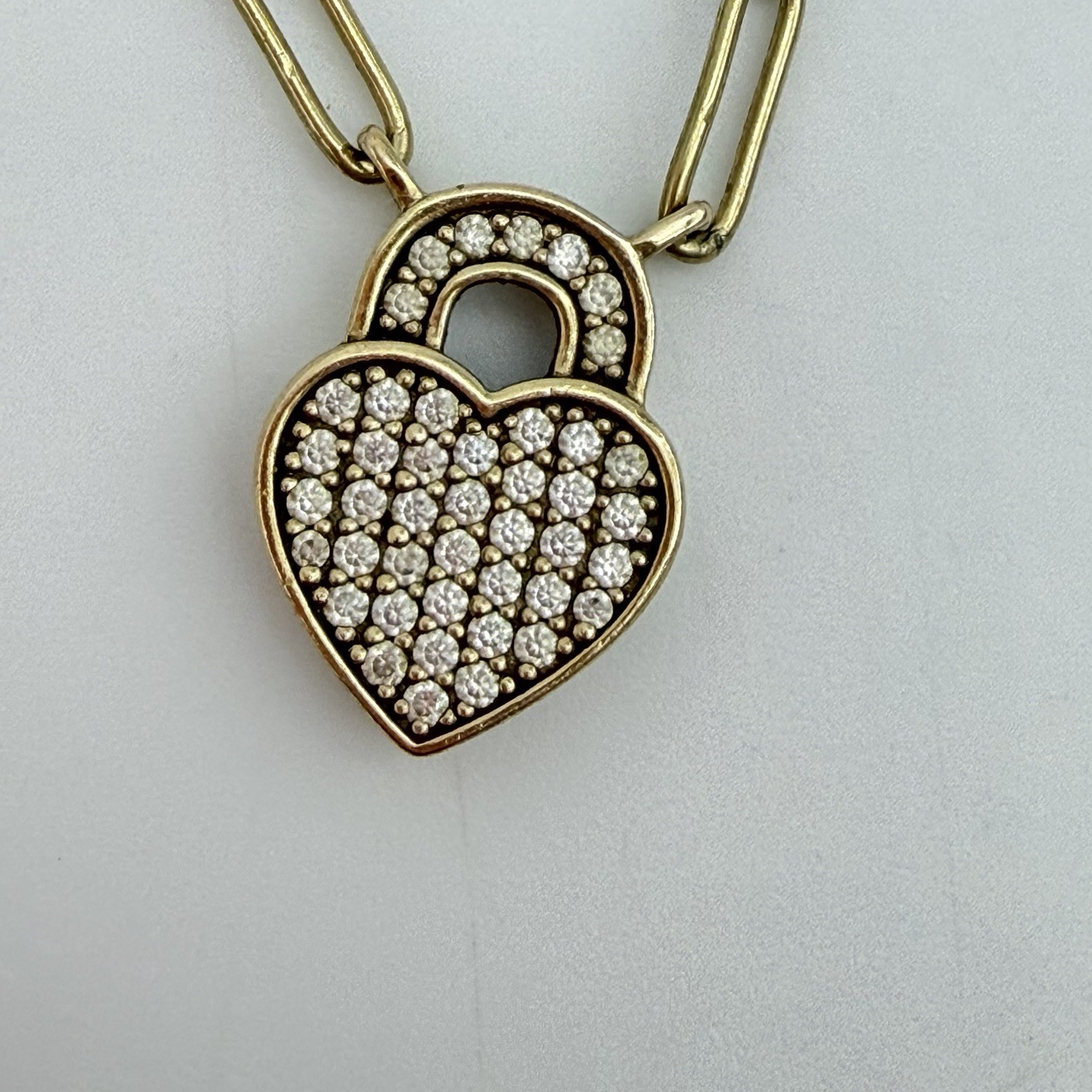 Vtg Sterling Over Gold Pave Diamond Heart Necklace Paper Clip Chain