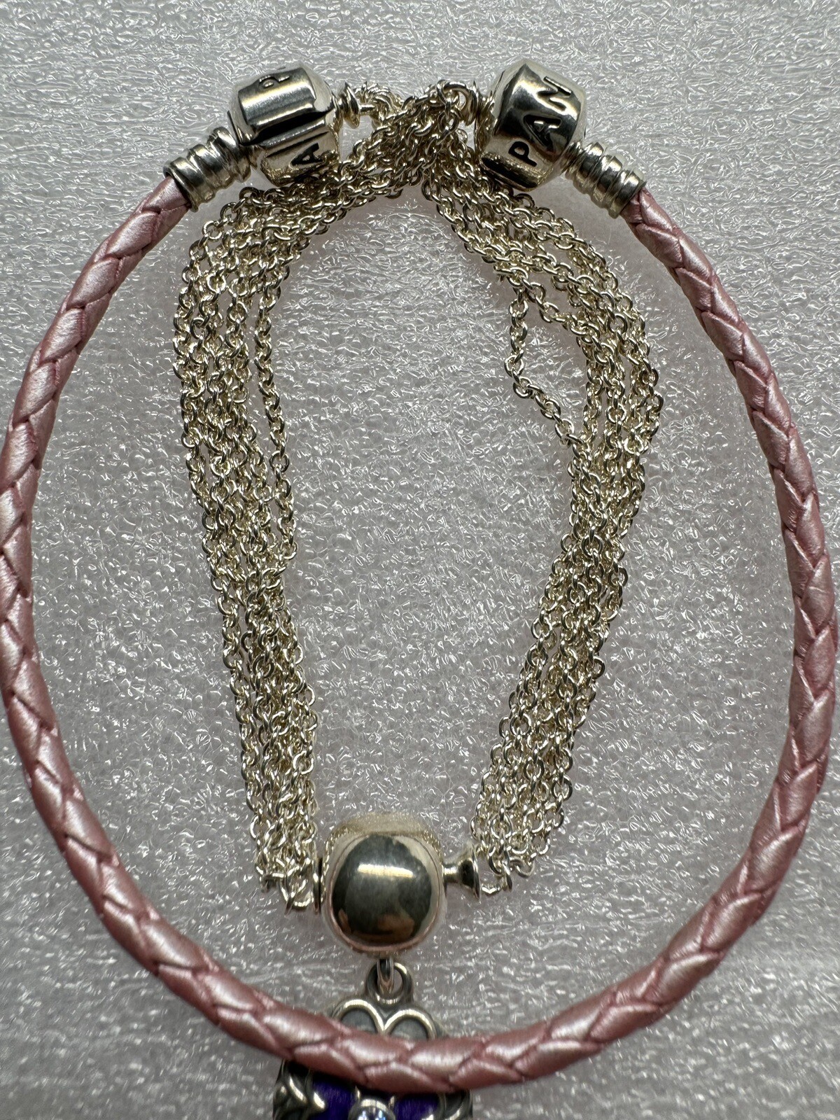 Pandora 15″ Pink Braided Leather Choker Chain Necklace Dangle Charm