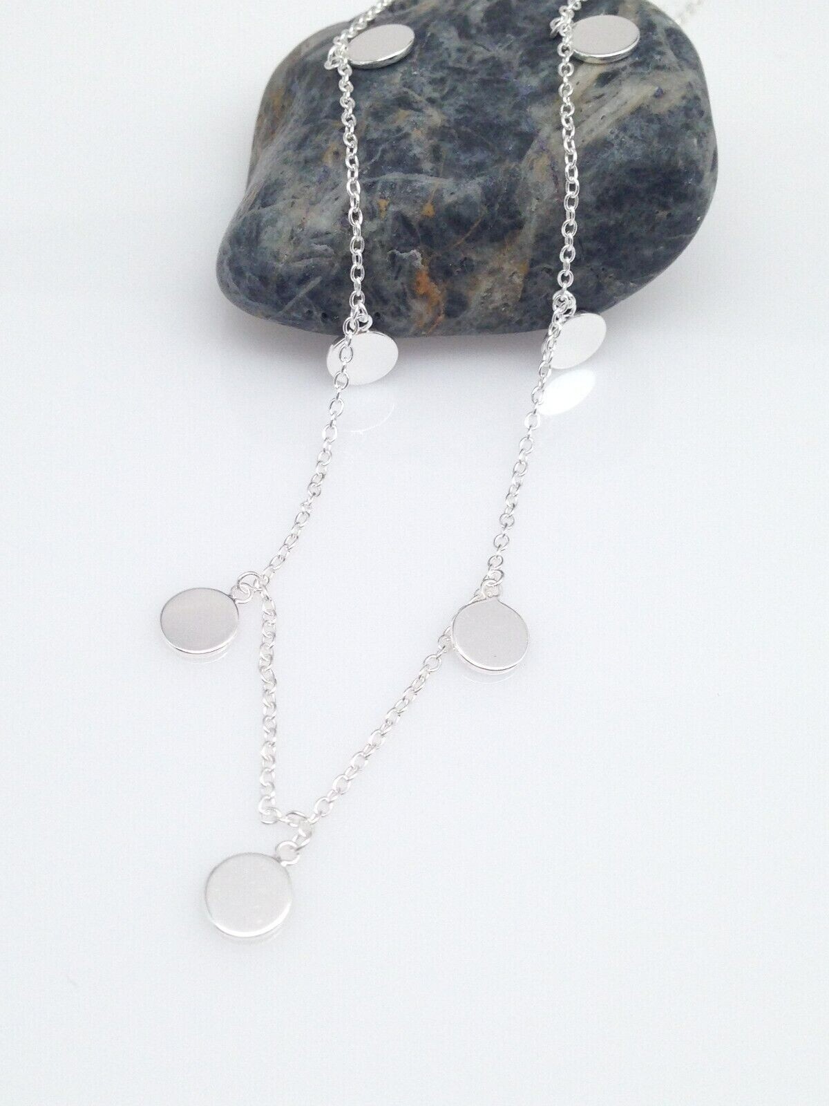 Plain Silver Disc Charm Station Choker Necklace 925 Sterling Silver 5.5mm 15.75″