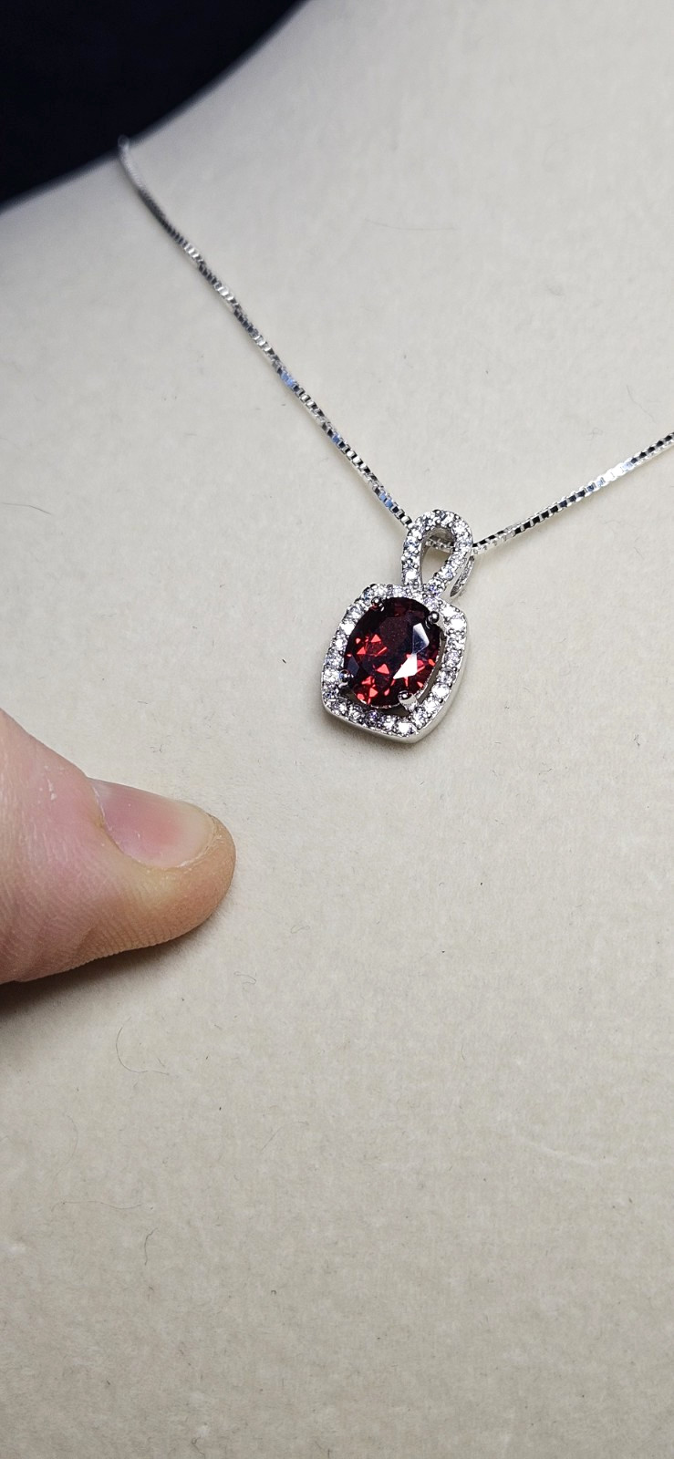 925 Sterling Silver Garnet with Moissanite Halo and 925 Italian Silver Box Chain