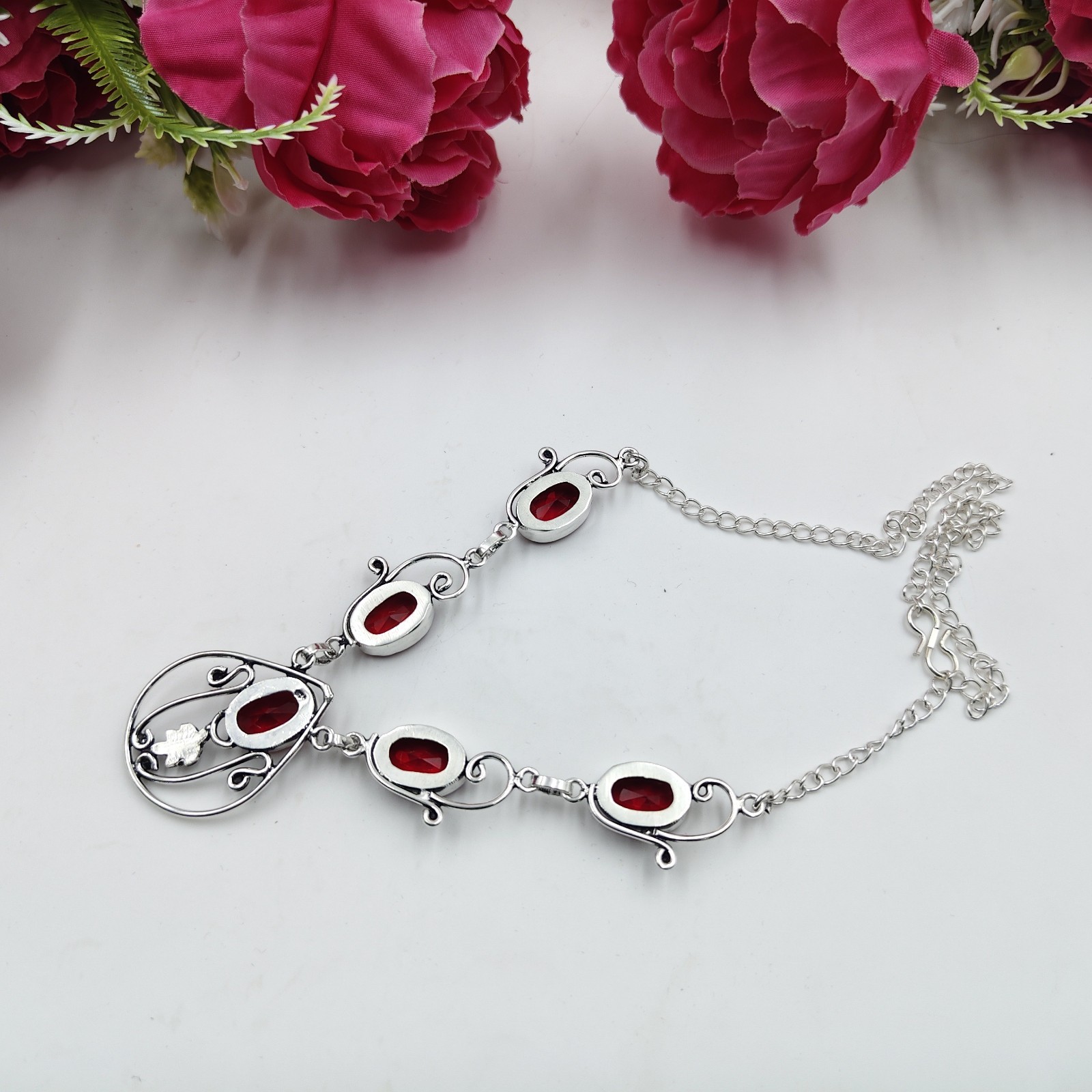 Red Garnet Gemstone Handmade 925 Sterling Silver Jewelry Necklace Size-17-18″