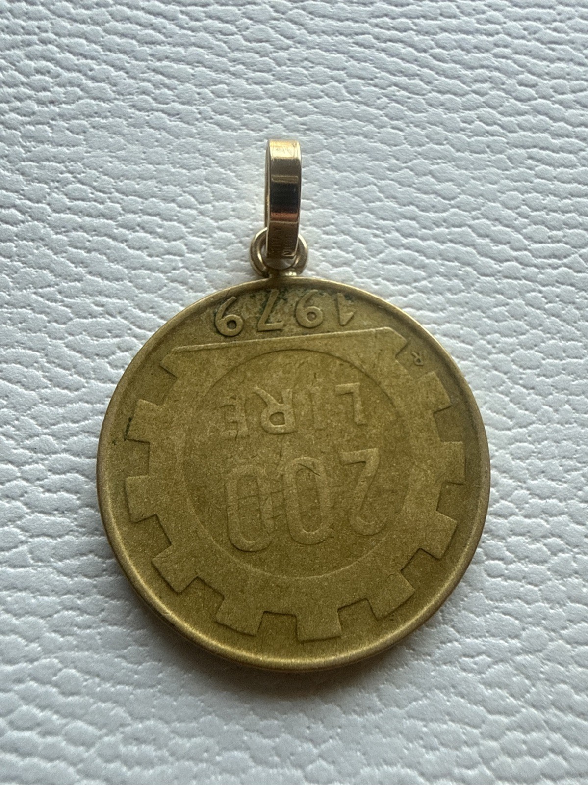 1979 Italian 200 Lire Coin Pendant Milor with 14K Gold Bail
