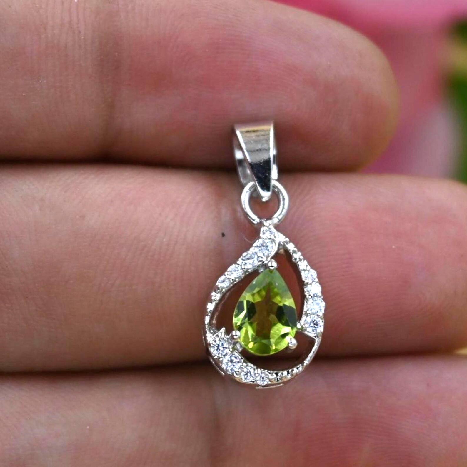 Natural Peridot Pendant Pear Cut 925 Sterling Silver Pendant gifts for her