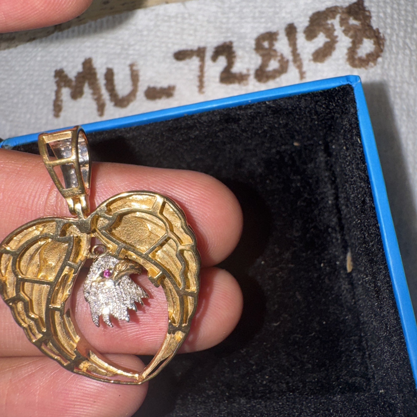 10k Yellow Gold Angel Wings With Eagle 0.41 Ct Diamond Charm Pendant