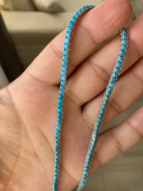 3MM Round Cut Blue Turquoise Tennis Women’s Necklace 18” 14k White Gold Plated