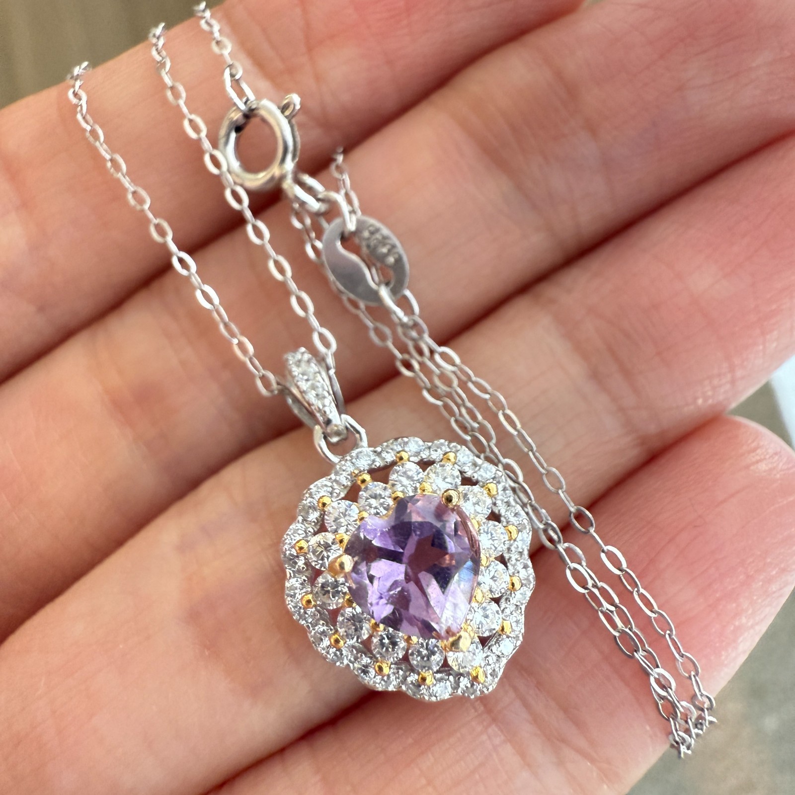 925 Sterling Silver Necklace 5mm Heart Natural Amethyst Gemstone Zircon Chain